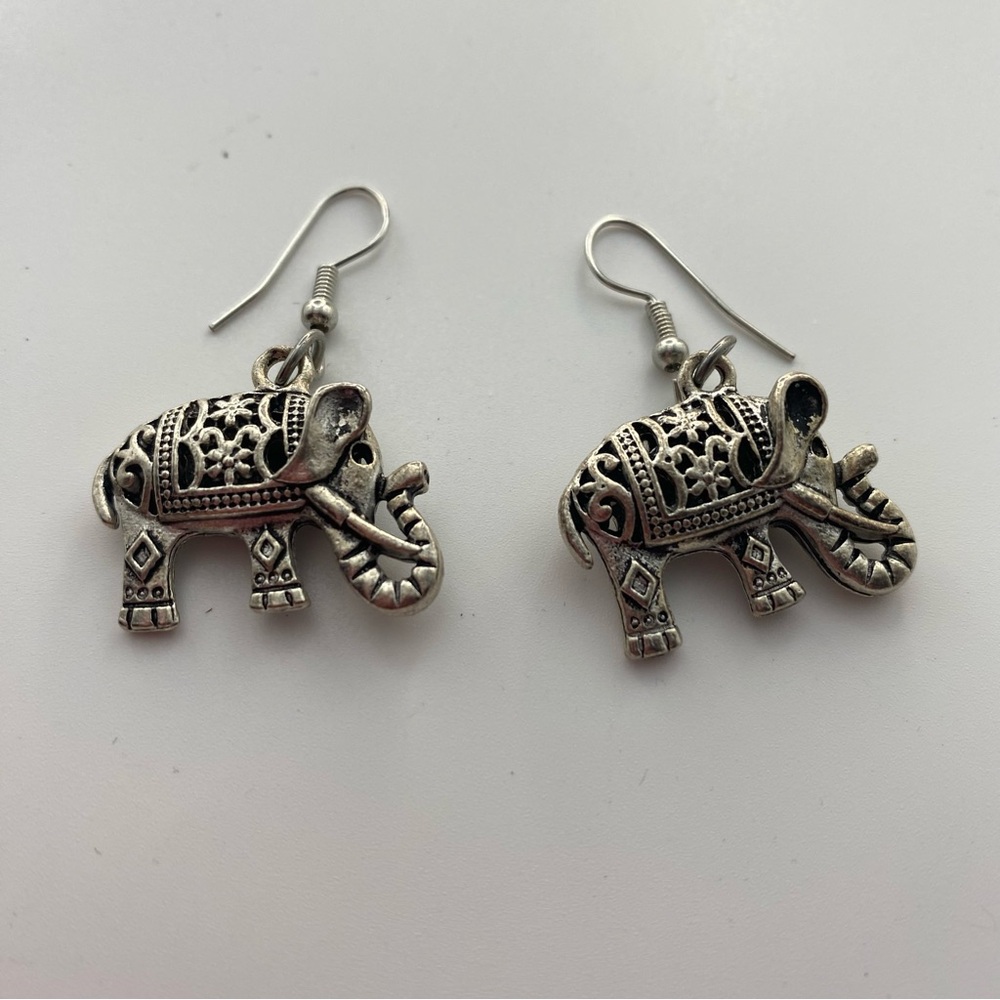 Elephant Dangle Drop Earrings pierced hook Silver tone 1”